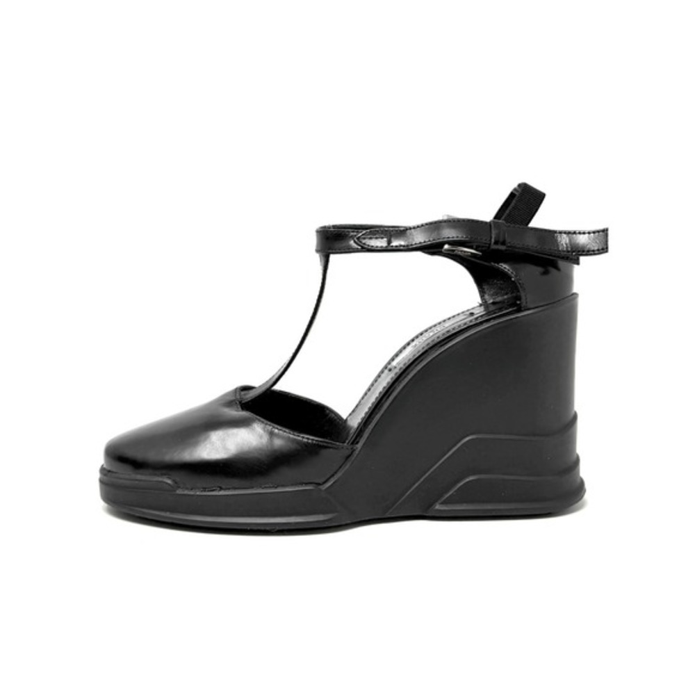 Prada Black Wedge Sandals‎ T Strap Leather Heels 37.5